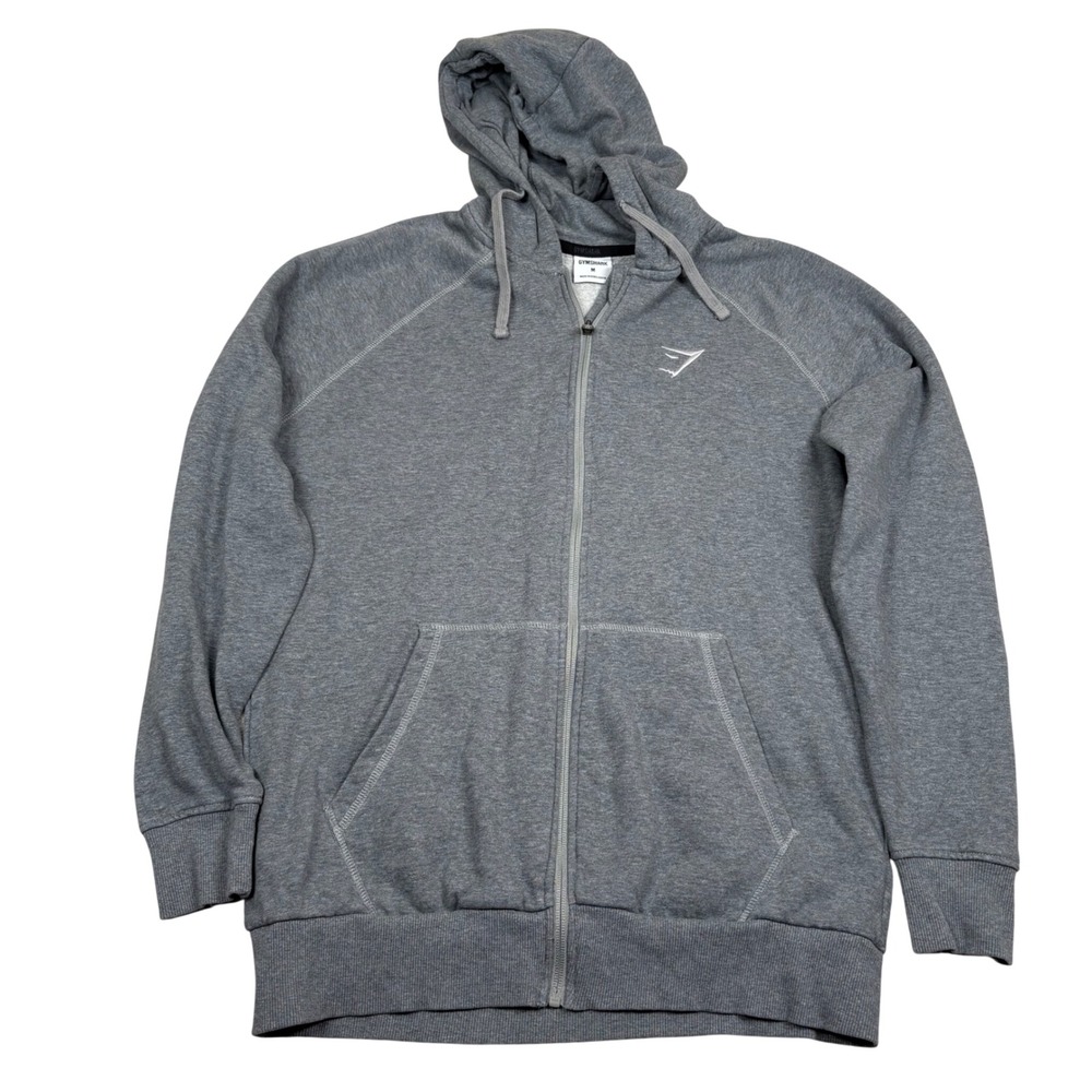 Gymshark Mens Gray Full Zip Hooded Sweatshirt Raglan Logo Jacket Size M GMHD4359